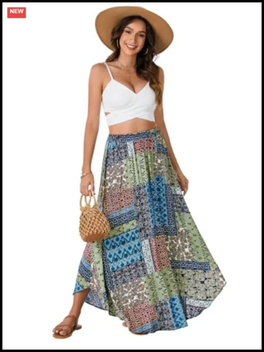 Boho Flowy Maxi Skirt Asymmetric A Line Elastic Waist Summer